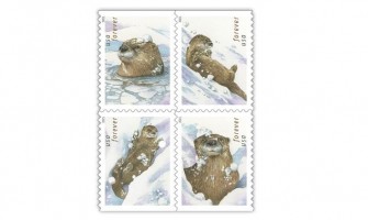 Playful Otters in Snow on U.S. stamps for winter